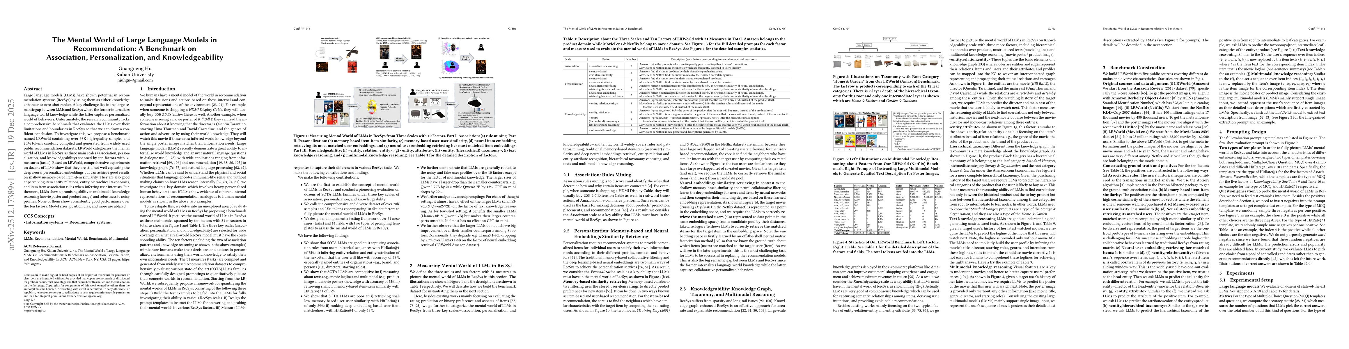 Thumbnail for The Mental World of Large Language Models in Recommendation: A Benchmark on Association, Personalization, and Knowledgeability