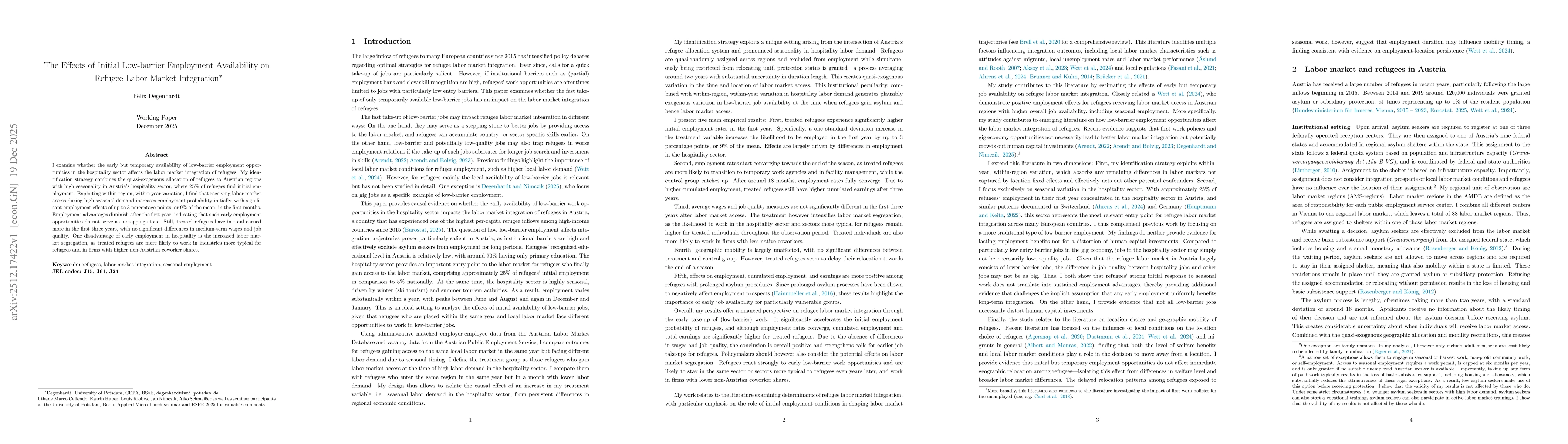 Thumbnail for The Effects of Initial Low-barrier Employment Availability on Refugee Labor Market Integration
