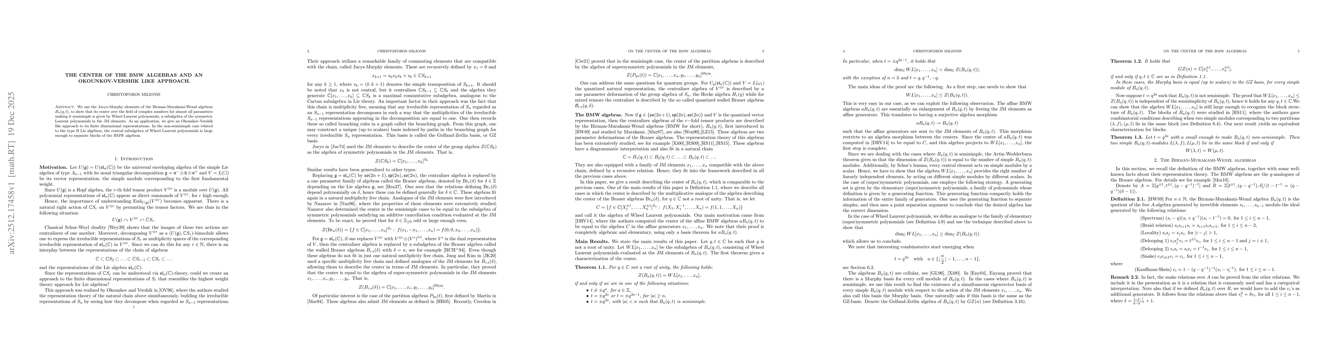 Thumbnail for The center of the BMW algebras and an Okounkov-Vershik like approach