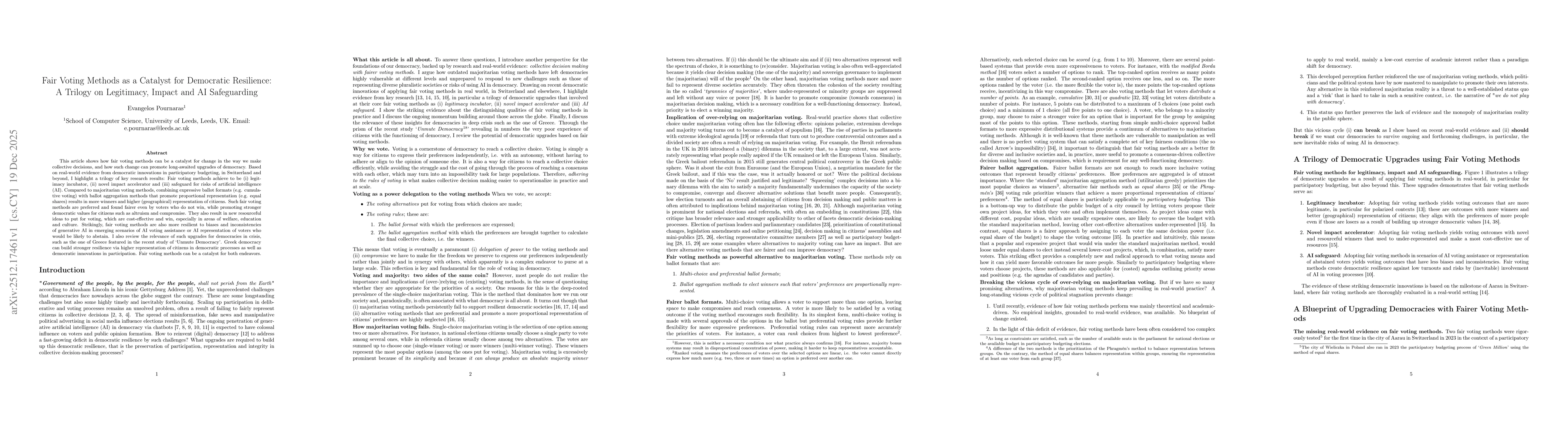 Thumbnail for Fair Voting Methods as a Catalyst for Democratic Resilience: A Trilogy on Legitimacy, Impact and AI Safeguarding