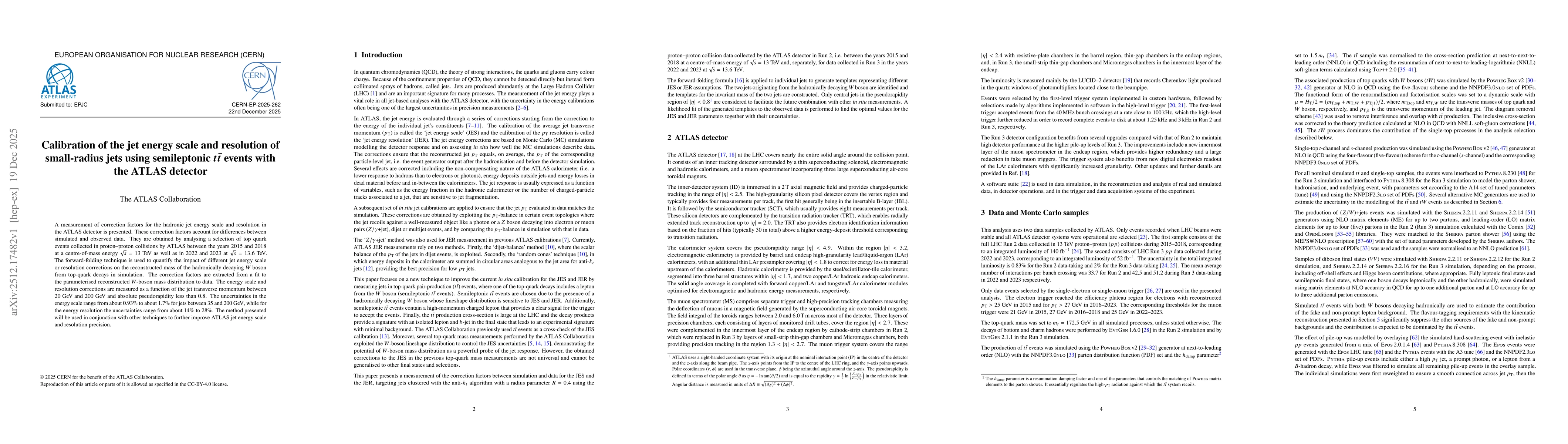 Thumbnail for Calibration of the jet energy scale and resolution of small-radius jets using semileptonic $t\bar{t}$ events with the ATLAS detector