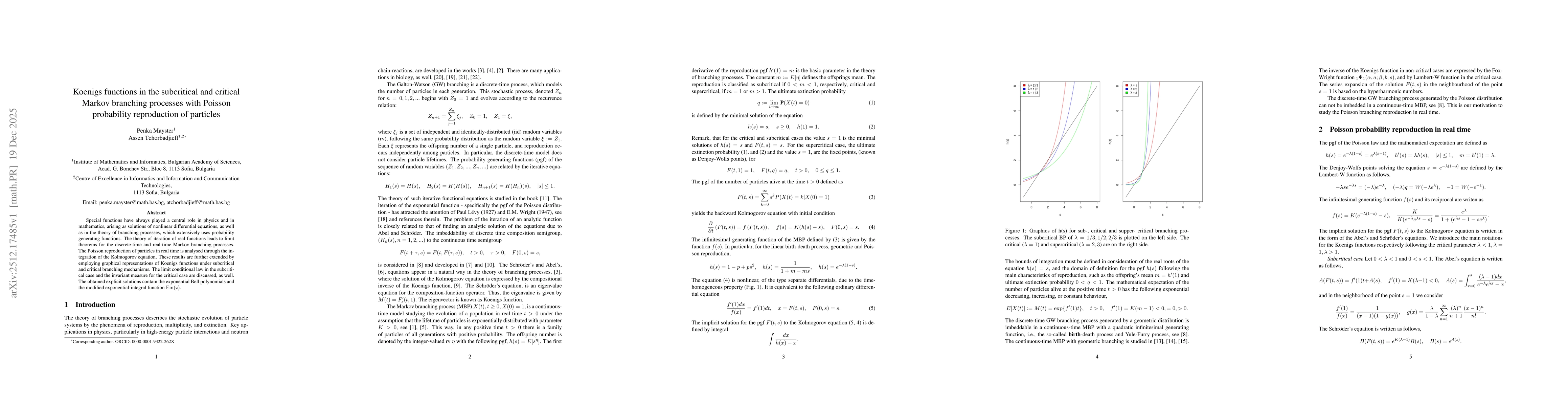 Thumbnail for Koenigs functions in the subcritical and critical Markov branching processes with Poisson probability reproduction of particles