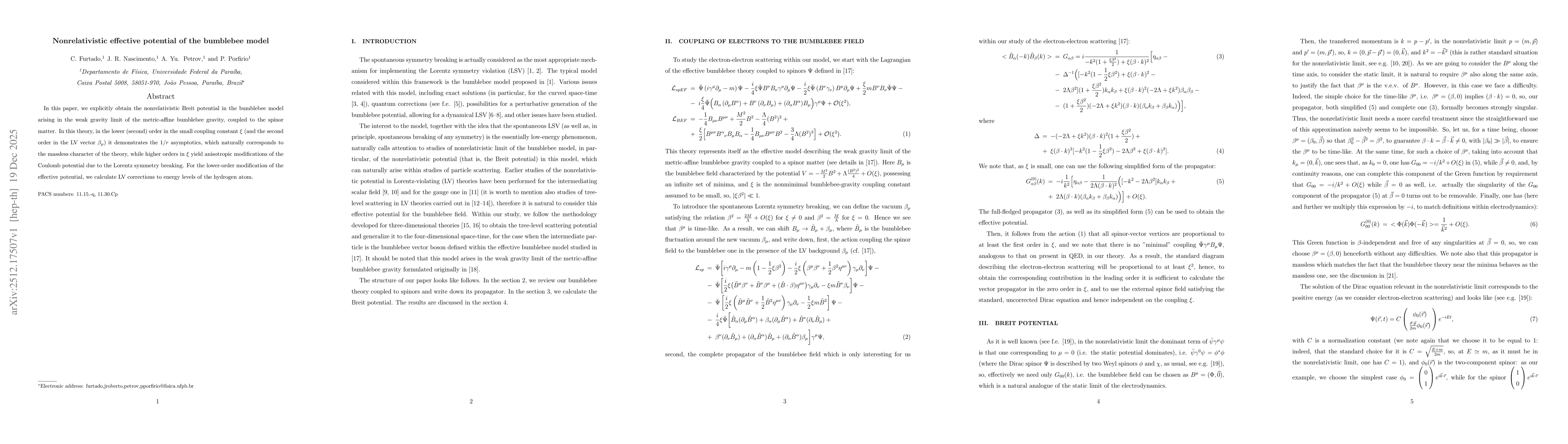 Thumbnail for Nonrelativistic effective potential of the bumblebee model