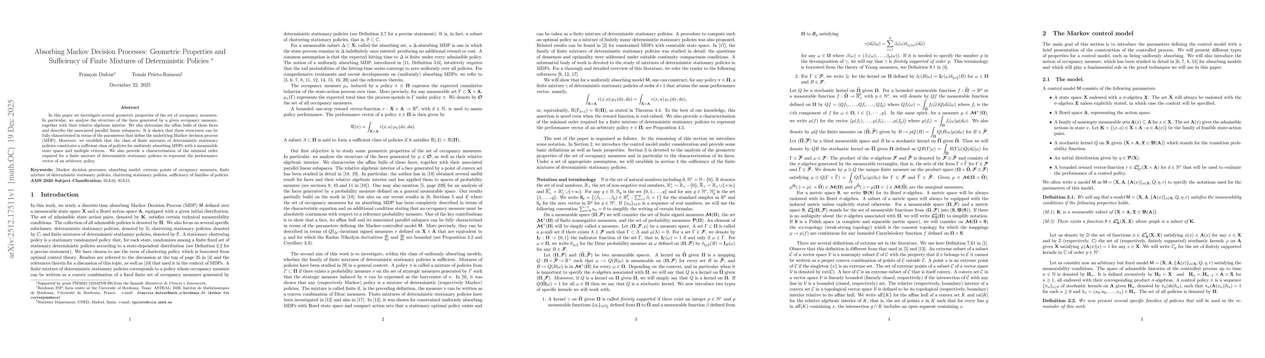 Thumbnail for Absorbing Markov Decision Processes: Geometric Properties and Sufficiency of Finite Mixtures of Deterministic Policies
