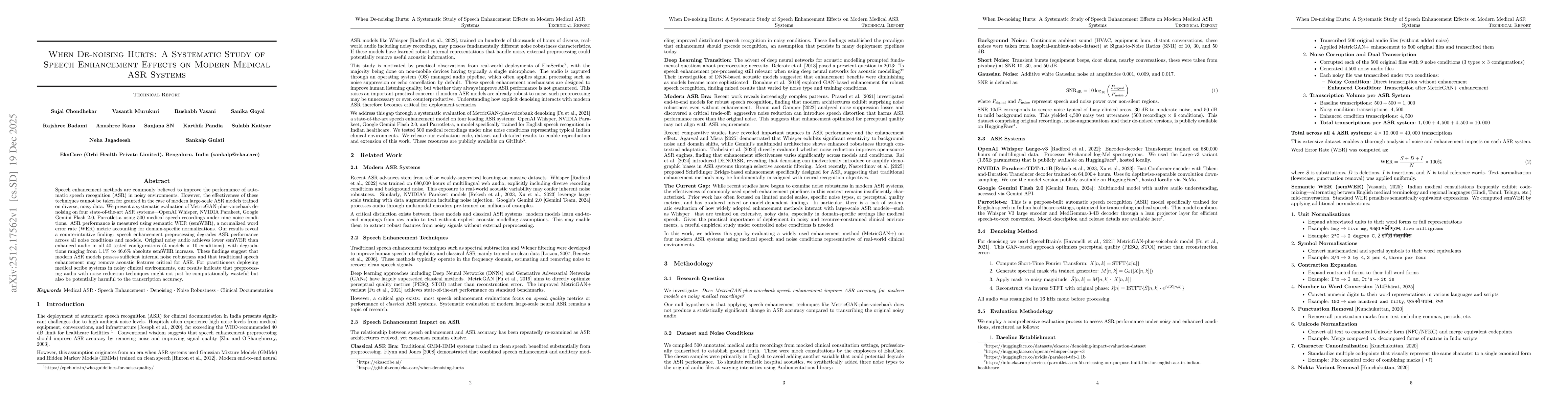 Thumbnail for When De-noising Hurts: A Systematic Study of Speech Enhancement Effects on Modern Medical ASR Systems