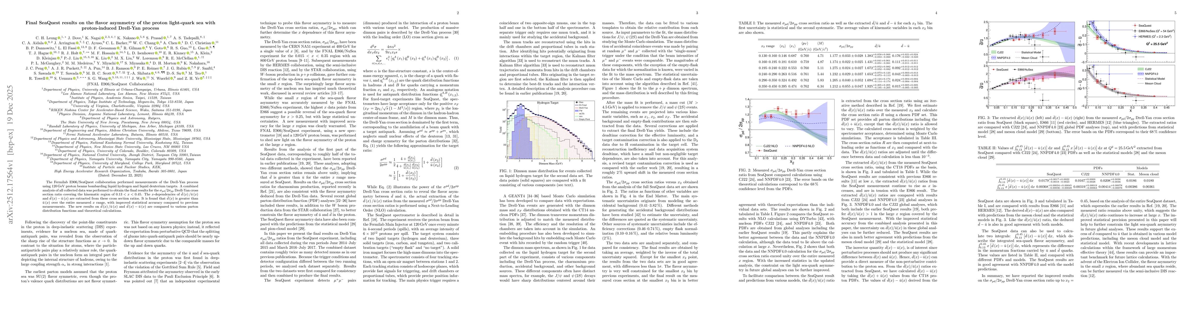 Thumbnail for Final SeaQuest results on the flavor asymmetry of the proton light-quark sea with proton-induced Drell-Yan process