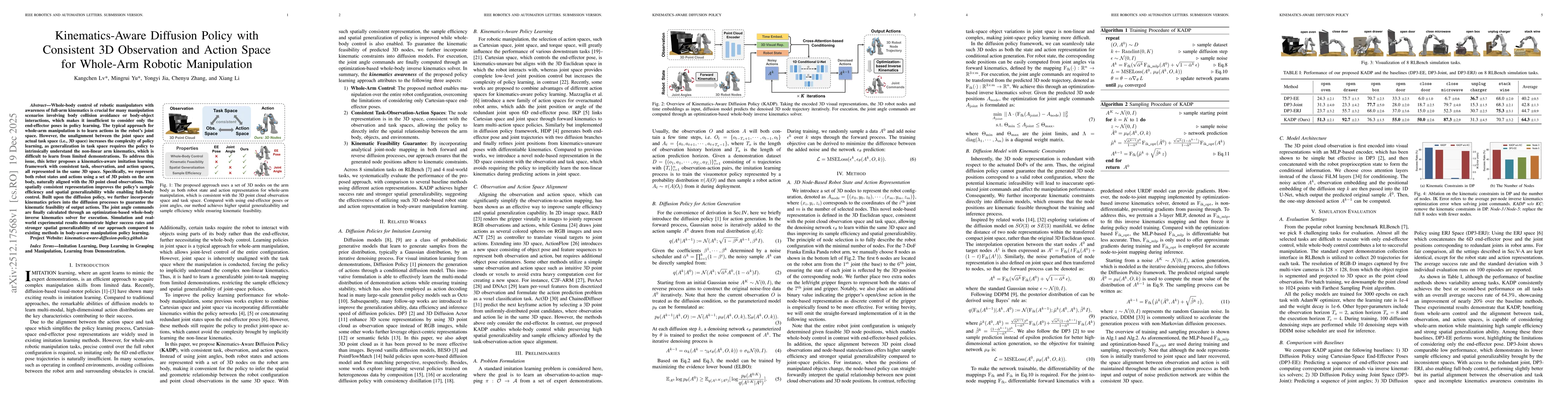 Thumbnail for Kinematics-Aware Diffusion Policy with Consistent 3D Observation and Action Space for Whole-Arm Robotic Manipulation