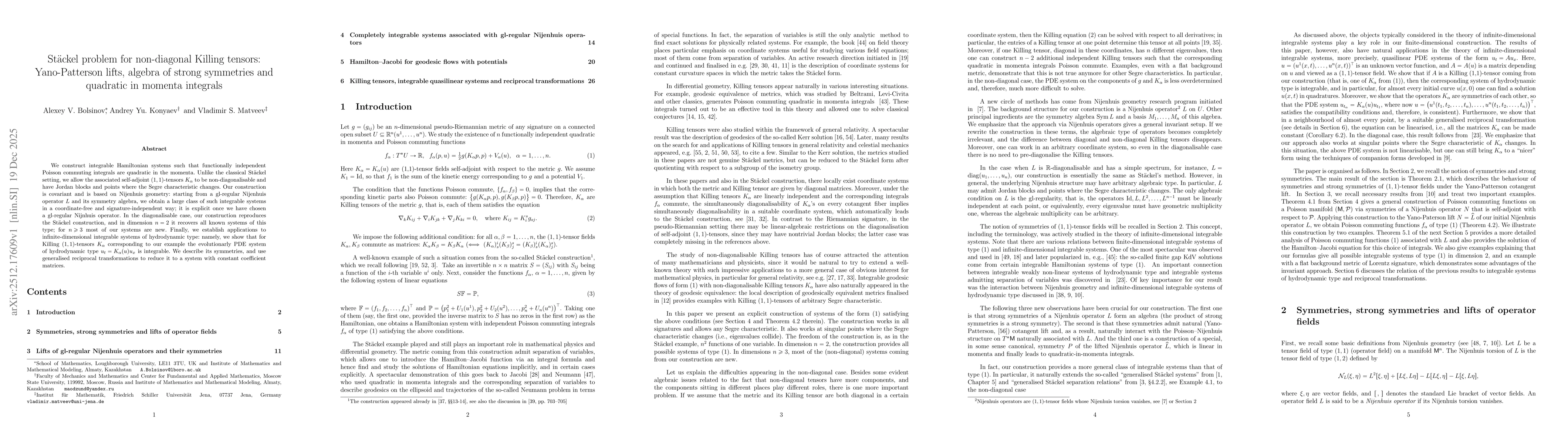 Thumbnail for Stäckel problem for non-diagonal Killing tensors: Yano-Patterson lifts, algebra of strong symmetries and quadratic in momenta integrals