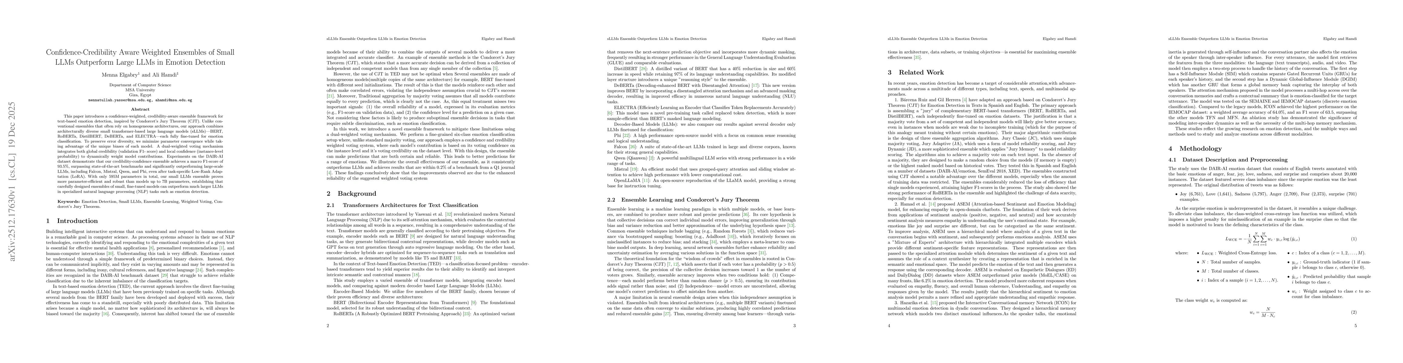 Thumbnail for Confidence-Credibility Aware Weighted Ensembles of Small LLMs Outperform Large LLMs in Emotion Detection