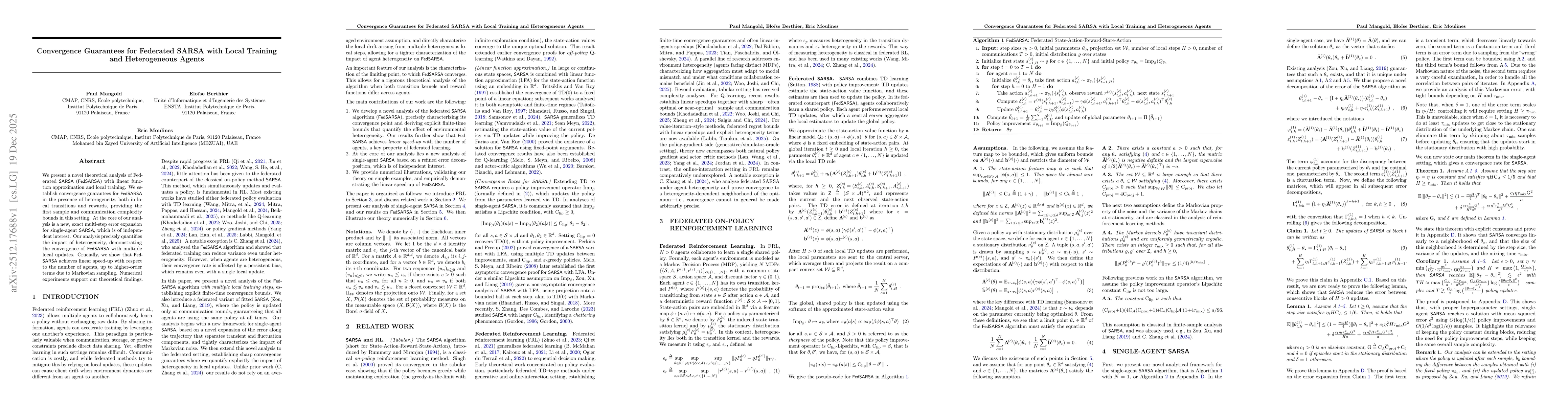 Thumbnail for Convergence Guarantees for Federated SARSA with Local Training and Heterogeneous Agents