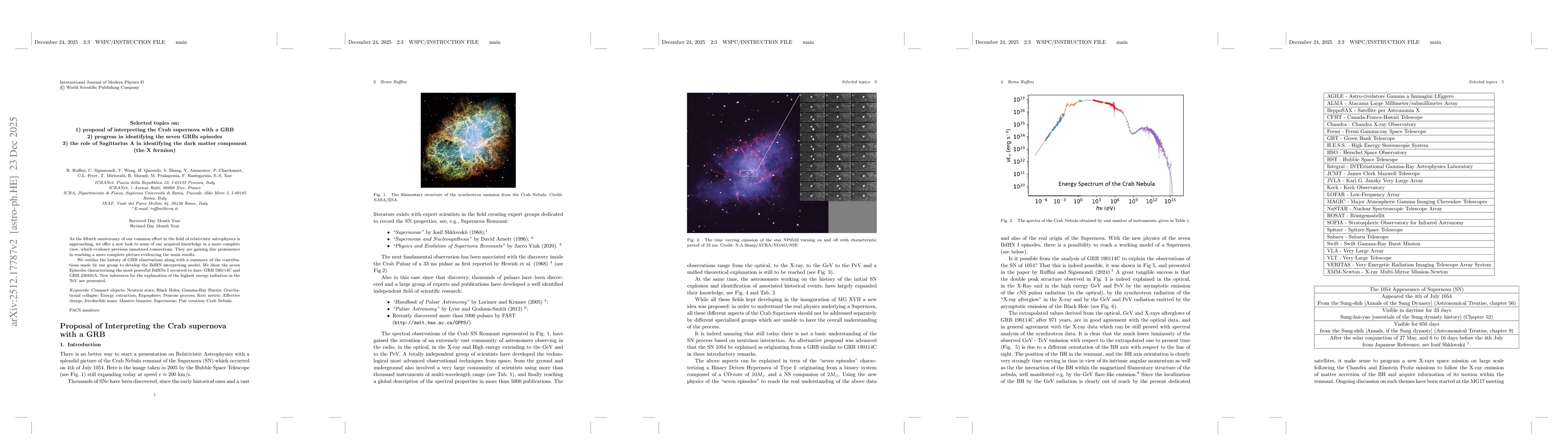 Thumbnail for Selected topics on: 1) proposal of interpreting the Crab supernova with a GRB 2) progress in identifying the seven GRBs episodes 3) the role of Sagittarius A in identifying the dark matter component (the X fermion)