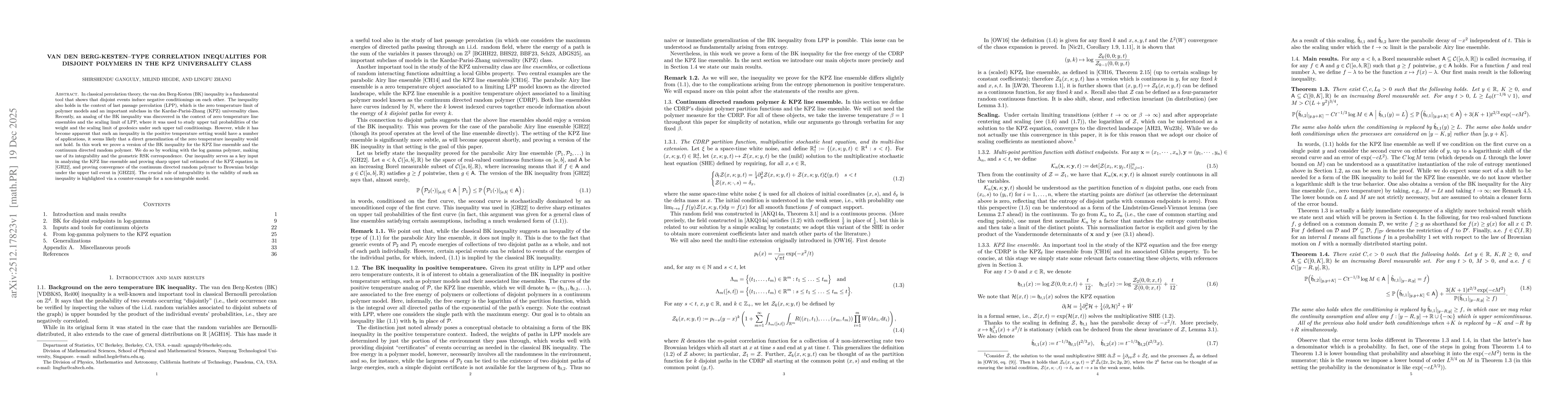 Thumbnail for van den Berg-Kesten--type correlation inequalities for disjoint polymers in the KPZ universality class