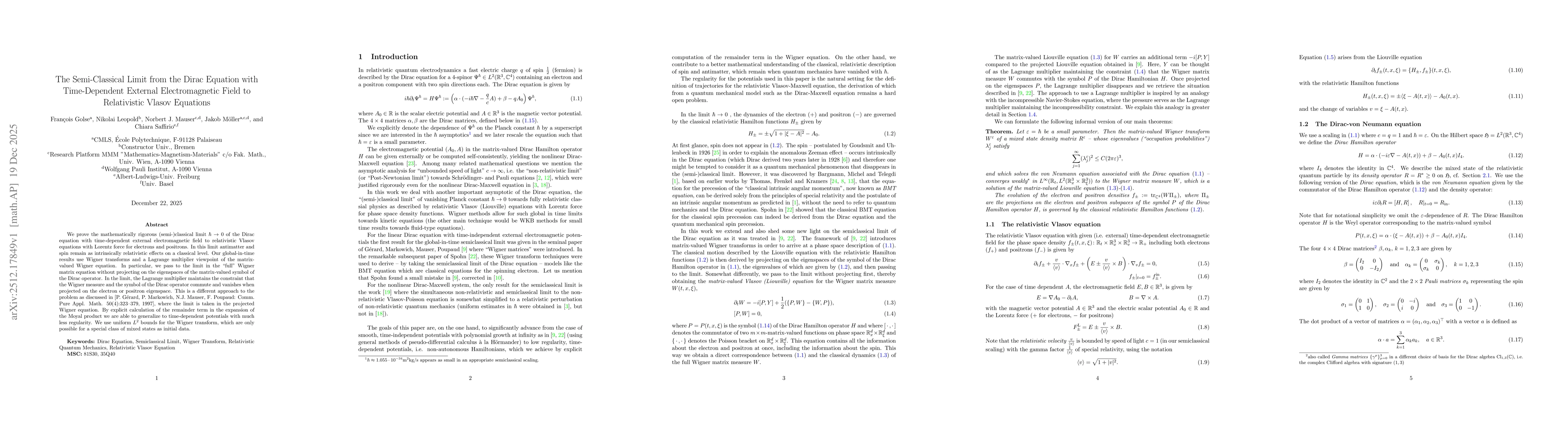 Thumbnail for The Semi-Classical Limit from the Dirac Equation with Time-Dependent External Electromagnetic Field to Relativistic Vlasov Equations