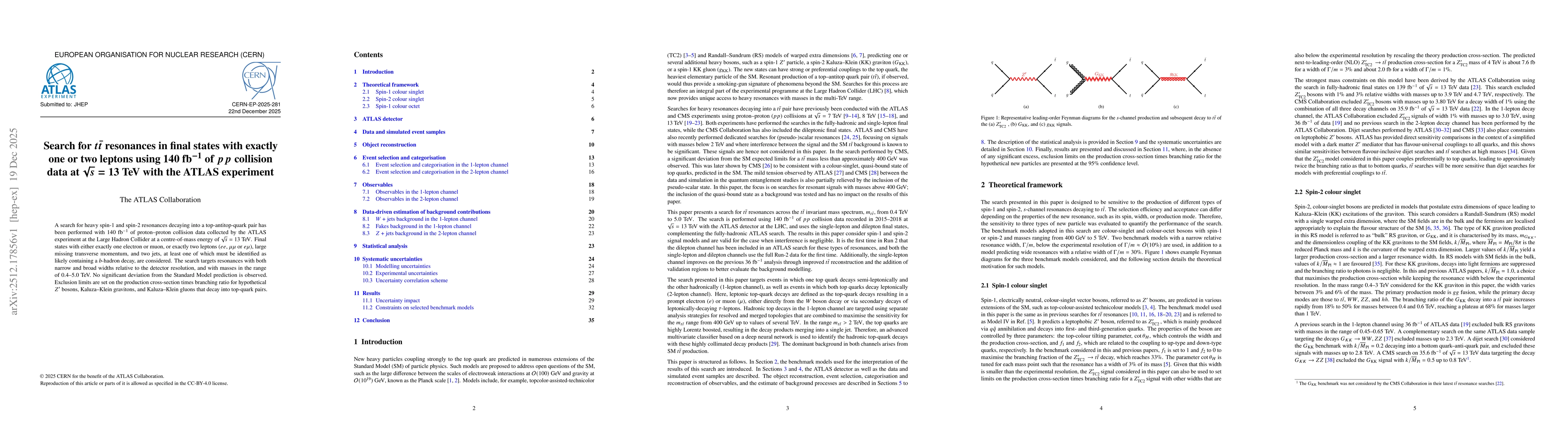 Thumbnail for Search for ttbar resonances in final states with exactly one or two leptons using 140 fb$^{-1}$ of pp collision data at $\sqrt{s}=13$ TeV with the ATLAS experiment