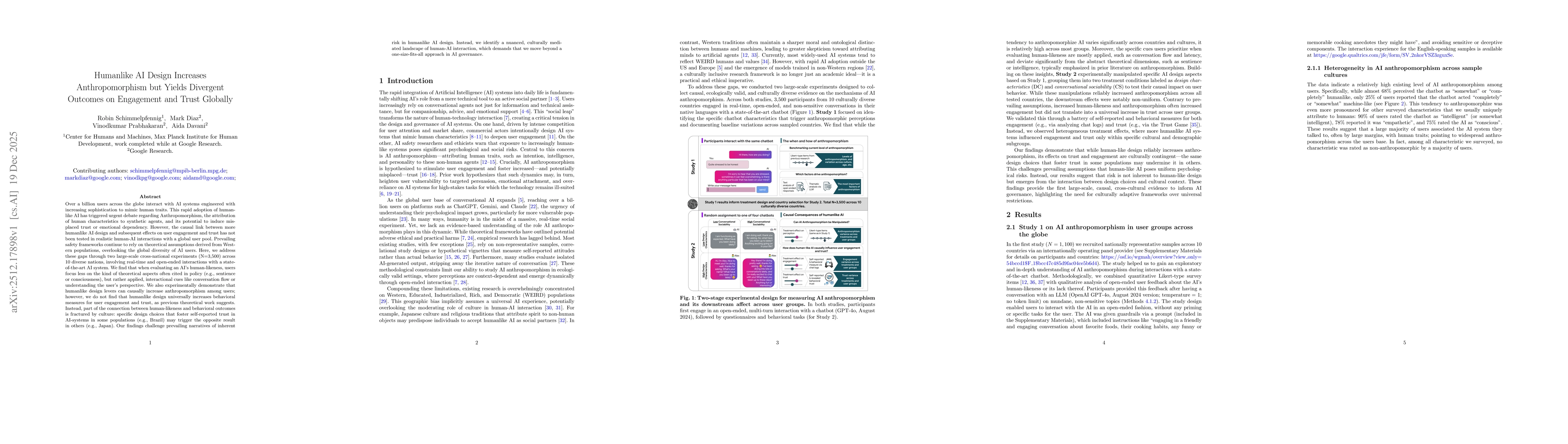 Thumbnail for Humanlike AI Design Increases Anthropomorphism but Yields Divergent Outcomes on Engagement and Trust Globally