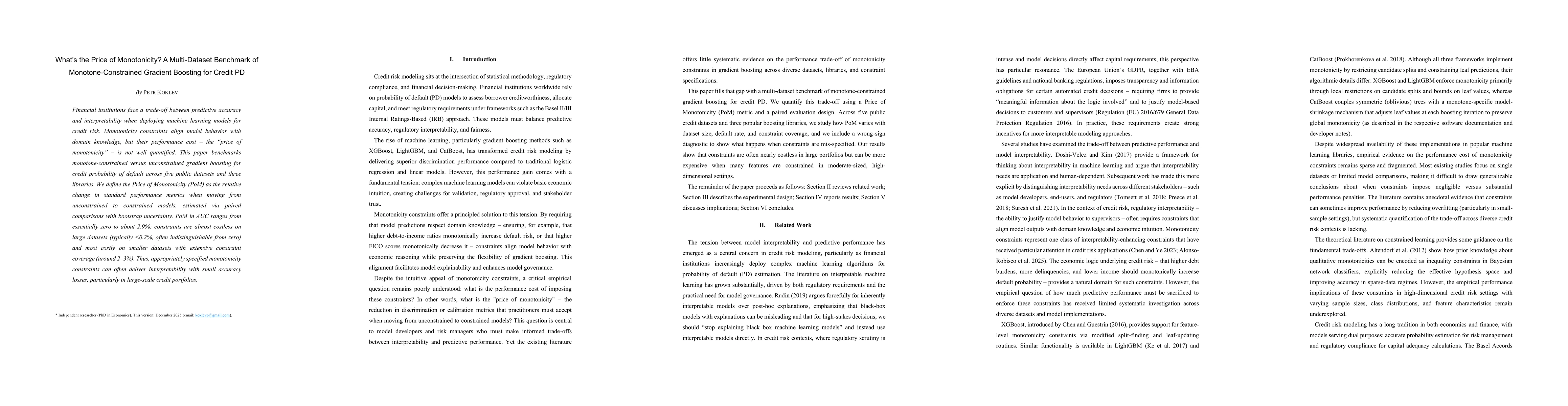 Thumbnail for What's the Price of Monotonicity? A Multi-Dataset Benchmark of Monotone-Constrained Gradient Boosting for Credit PD