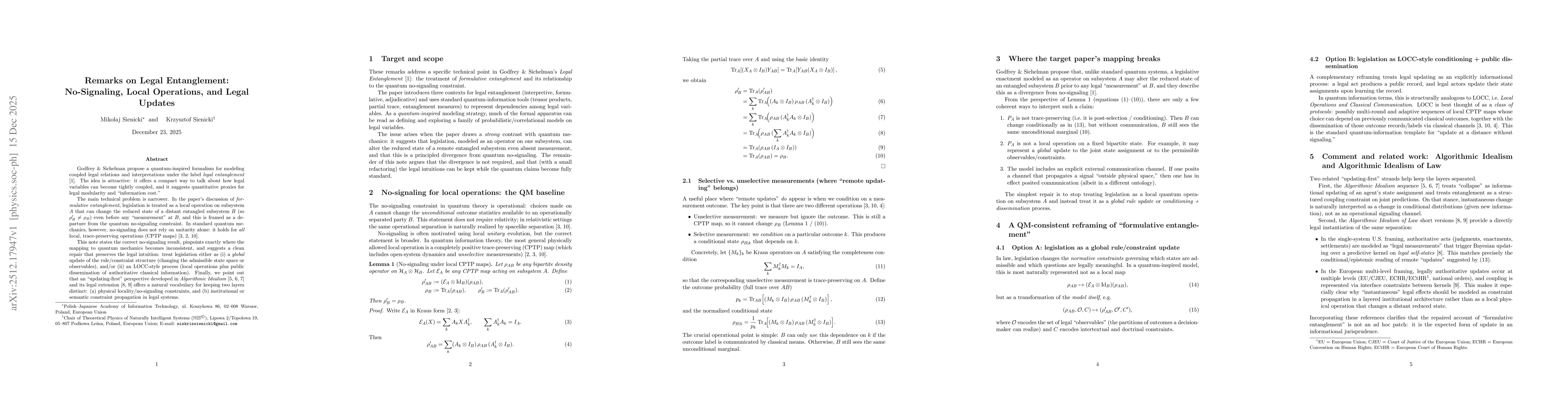 Thumbnail for Remarks on Legal Entanglement: No-Signaling, Local Operations, and Legal Updates