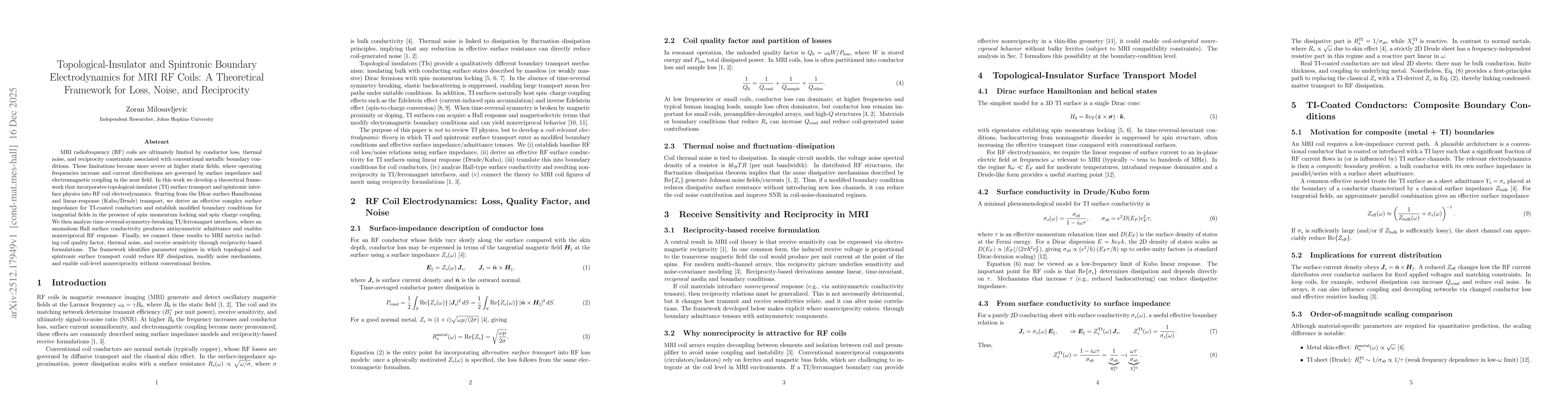 Thumbnail for Topological-Insulator and Spintronic Boundary Electrodynamics for MRI RF Coils: A Theoretical Framework for Loss, Noise, and Reciprocity