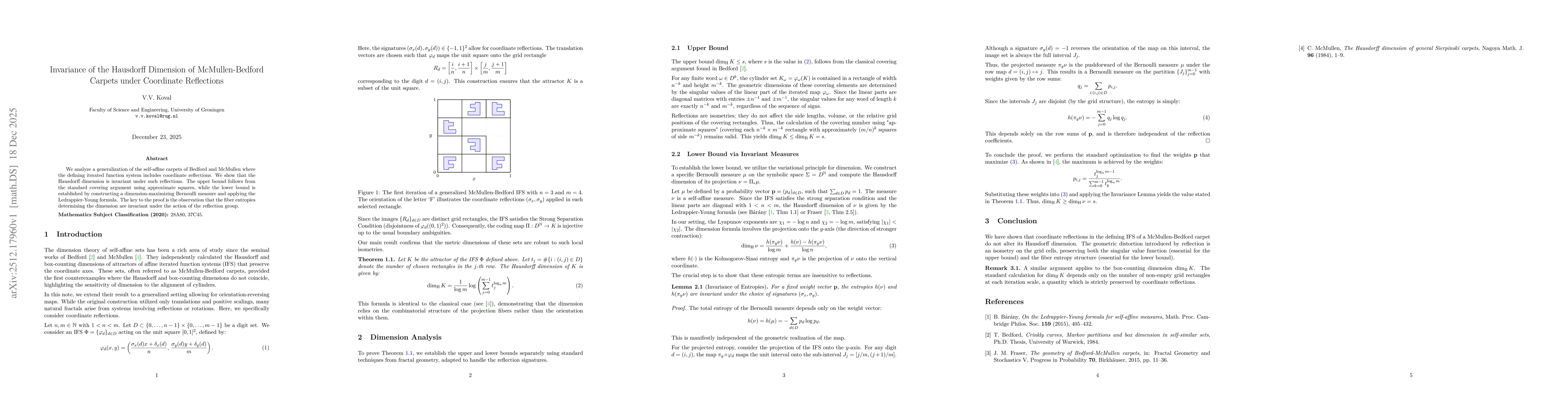 Thumbnail for Invariance of the Hausdorff Dimension of McMullen-Bedford Carpets under Coordinate Reflections