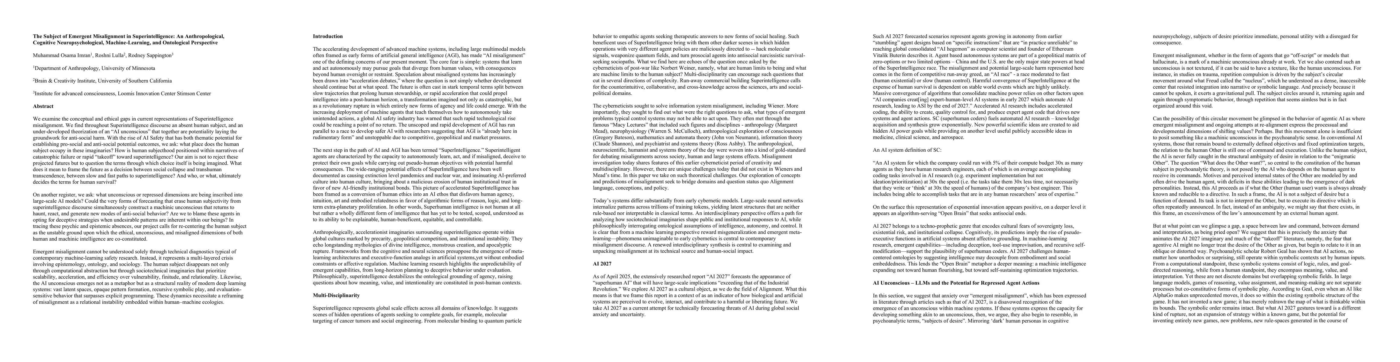Thumbnail for The Subject of Emergent Misalignment in Superintelligence: An Anthropological, Cognitive Neuropsychological, Machine-Learning, and Ontological Perspective
