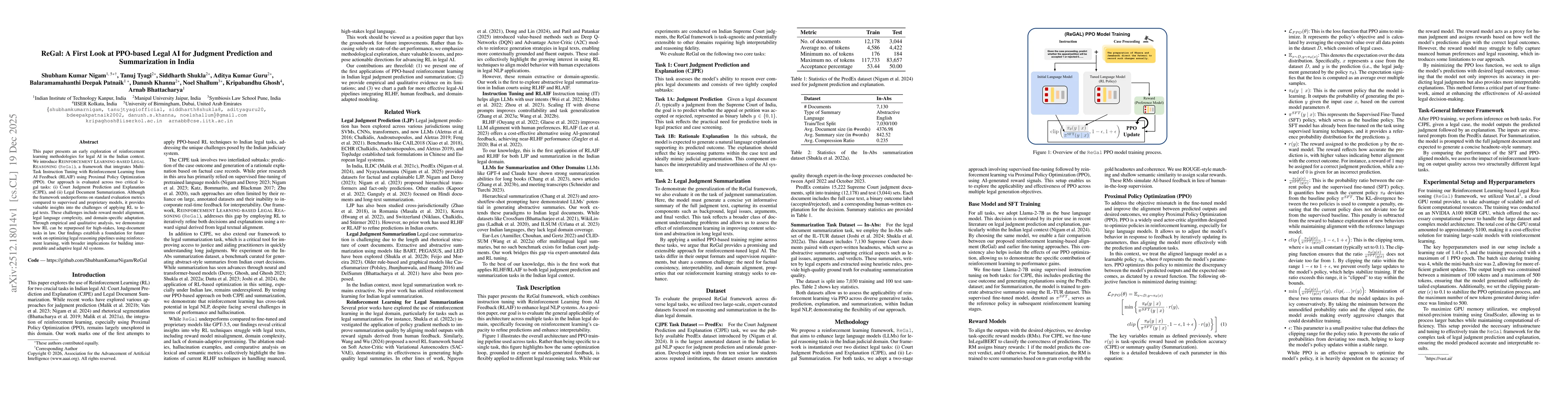 Thumbnail for ReGal: A First Look at PPO-based Legal AI for Judgment Prediction and Summarization in India