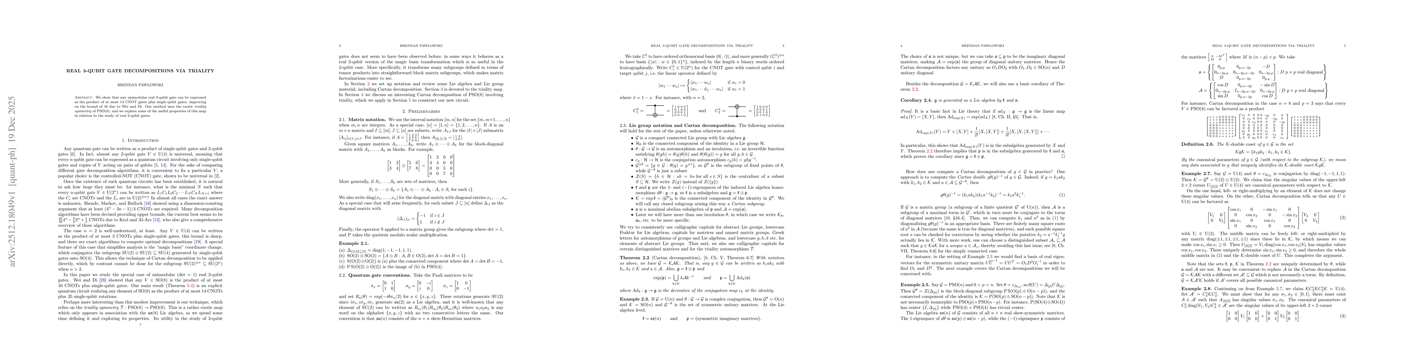 Thumbnail for Real 3-qubit gate decompositions via triality