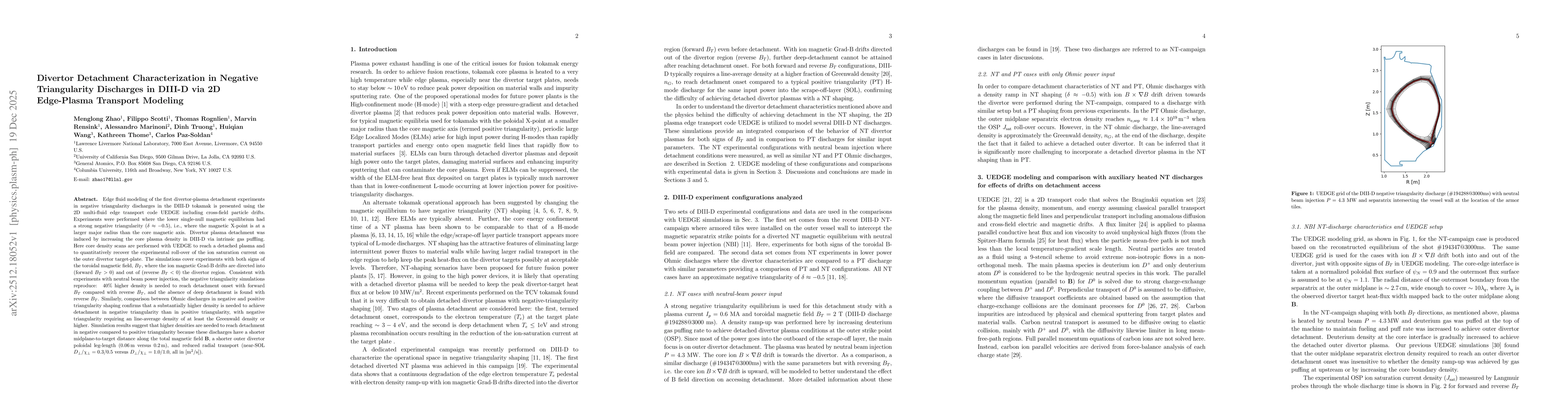 Thumbnail for Divertor Detachment Characterization in Negative Triangularity Discharges in DIII-D via 2D Edge-Plasma Transport Modeling