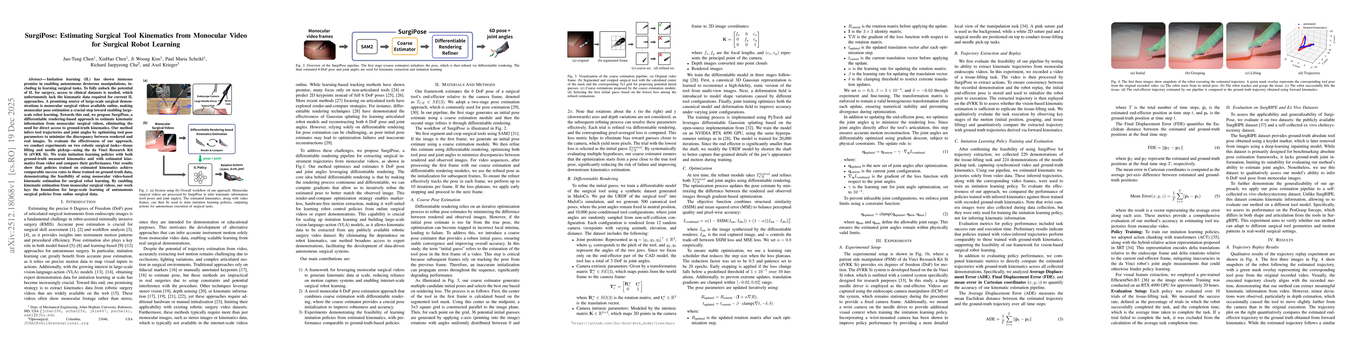 Thumbnail for SurgiPose: Estimating Surgical Tool Kinematics from Monocular Video for Surgical Robot Learning