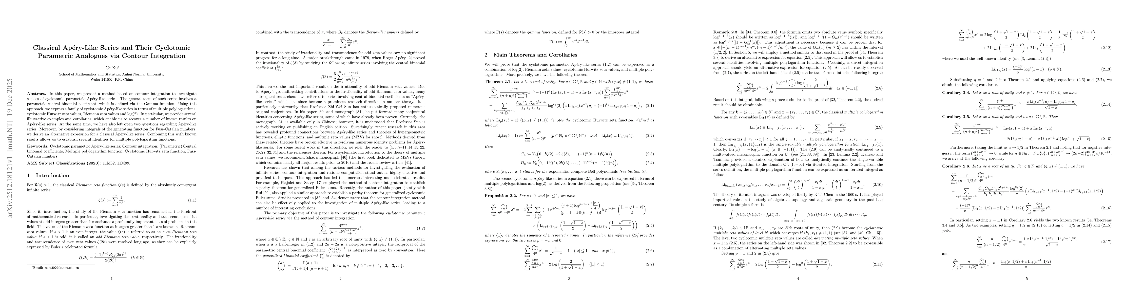 Thumbnail for Classical Apéry-Like Series and Their Cyclotomic Parametric Analogues via Contour Integration