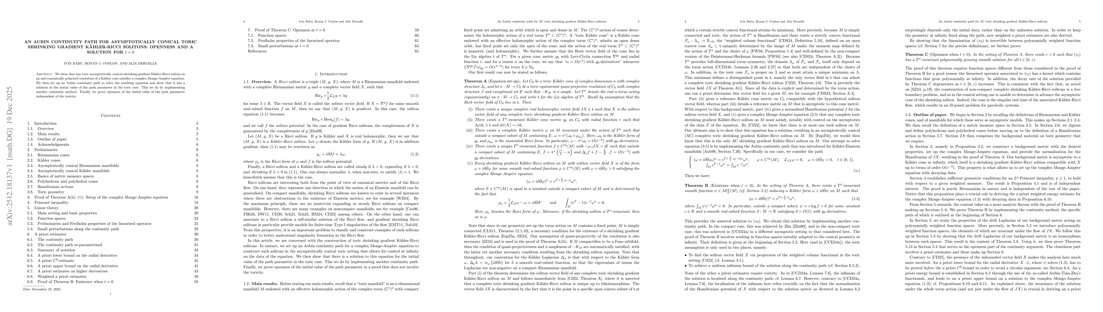 Thumbnail for An Aubin continuity path for asymptotically conical toric shrinking gradient Kähler-Ricci solitons: openness and a solution for $t=0$