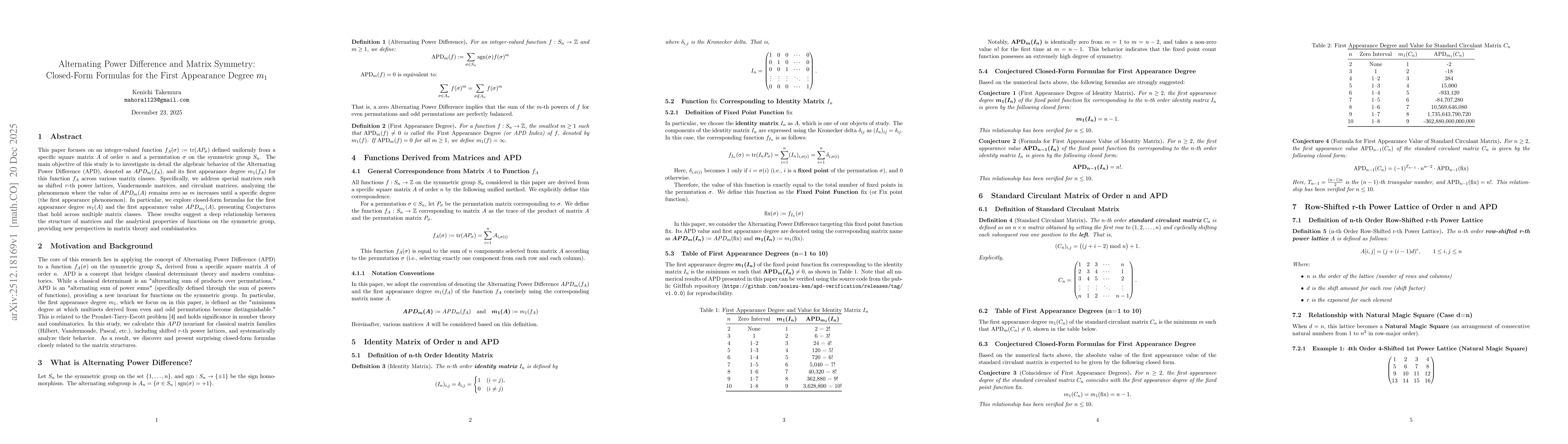 Thumbnail for Alternating Power Difference and Matrix Symmetry: Closed-Form Formulas for the First Appearance Degree $m_1$