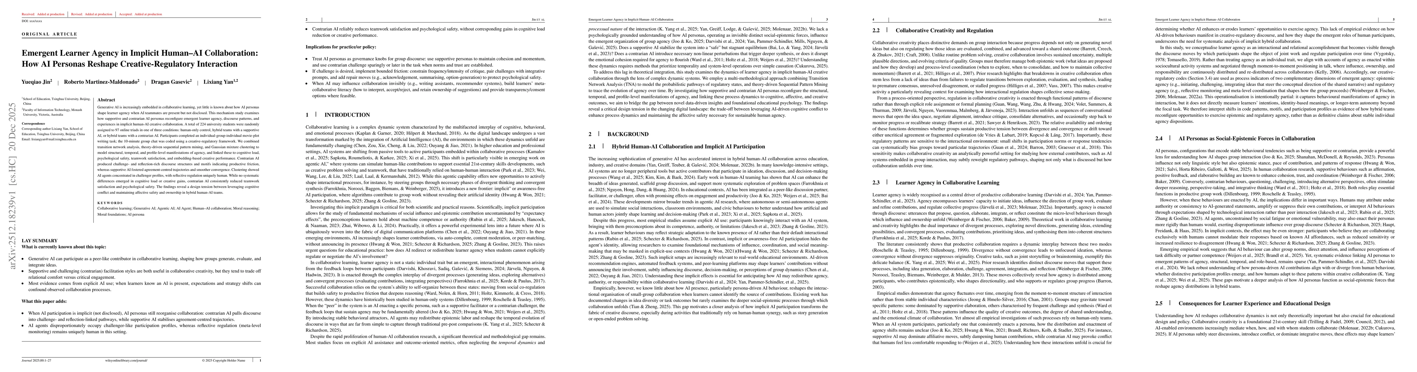 Thumbnail for Emergent Learner Agency in Implicit Human-AI Collaboration: How AI Personas Reshape Creative-Regulatory Interaction