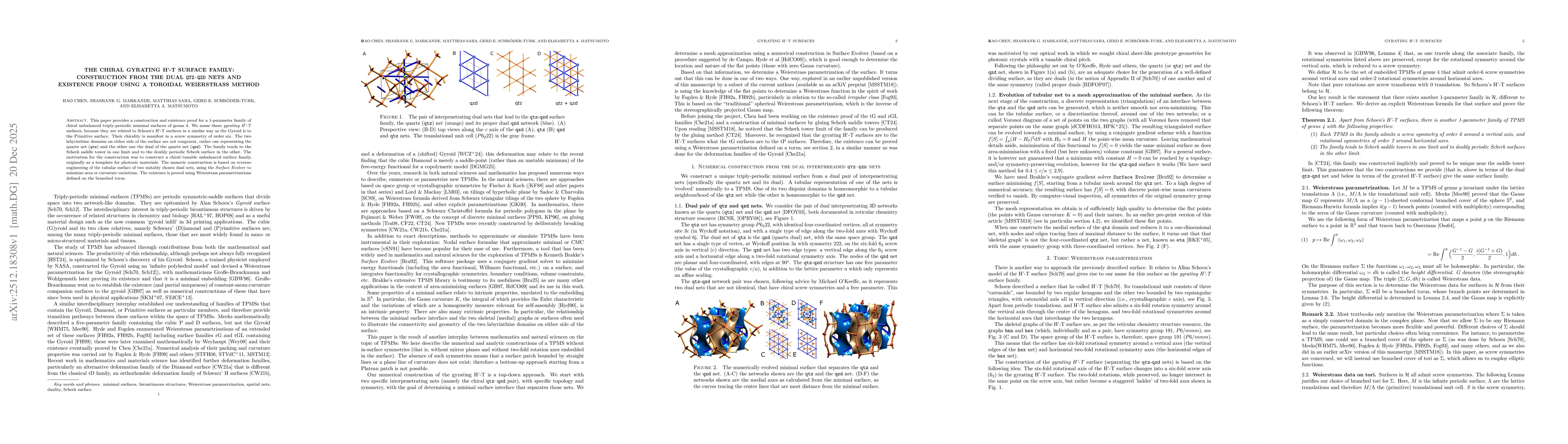 Thumbnail for The chiral gyrating H'-T surface family: construction from the dual qtz--qzd nets and existence proof using a toroidal Weierstrass method