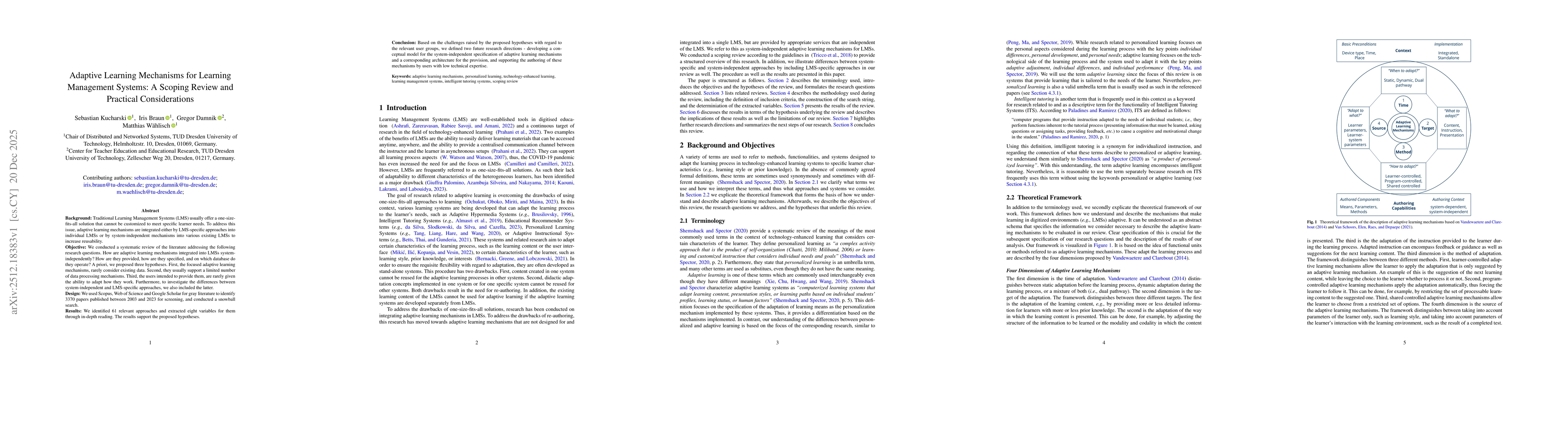 Thumbnail for Adaptive Learning Mechanisms for Learning Management Systems: A Scoping Review and Practical Considerations