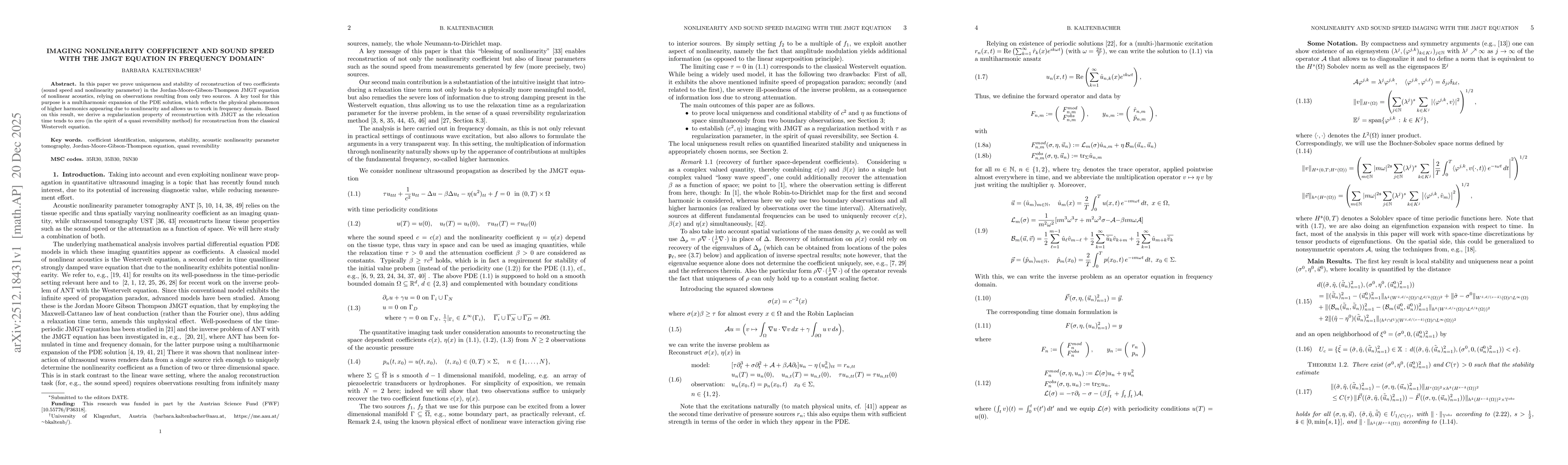 Thumbnail for Imaging nonlinearity coefficient and sound speed with the JMGT equation in frequency domain