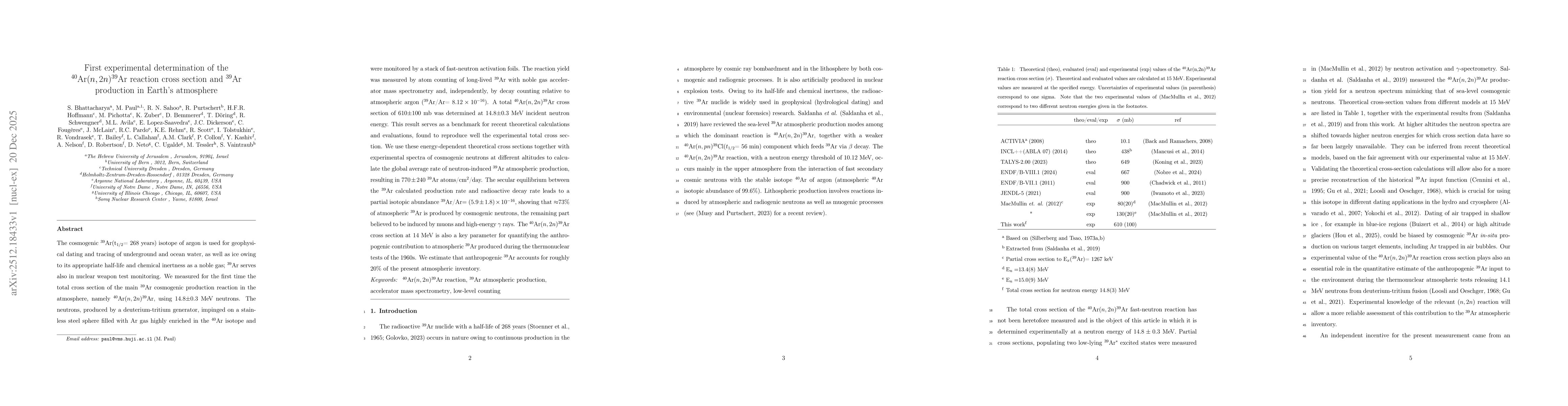 Thumbnail for First experimental determination of the $^{40}$Ar($n,2n$)$^{39}$Ar reaction cross section and $^{39}$Ar production in Earth's atmosphere
