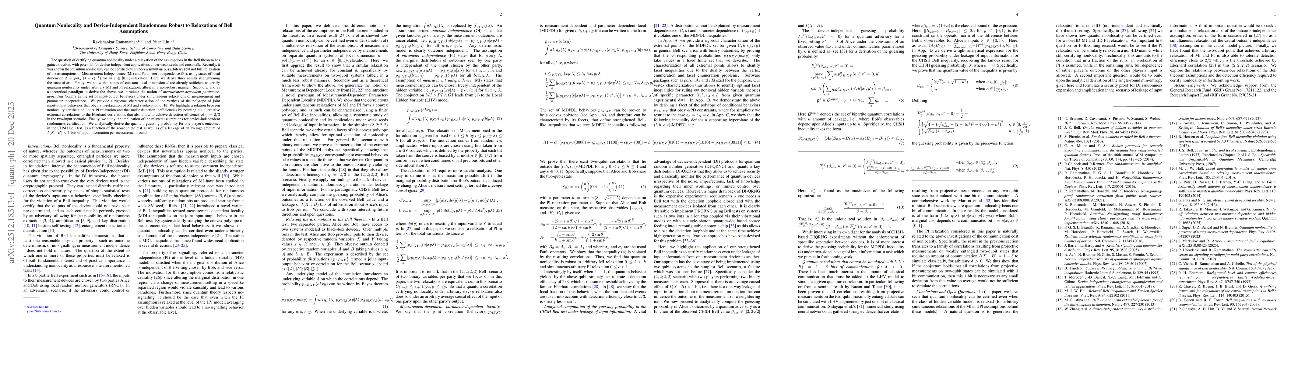 Thumbnail for Quantum Nonlocality and Device-Independent Randomness Robust to Relaxations of Bell Assumptions