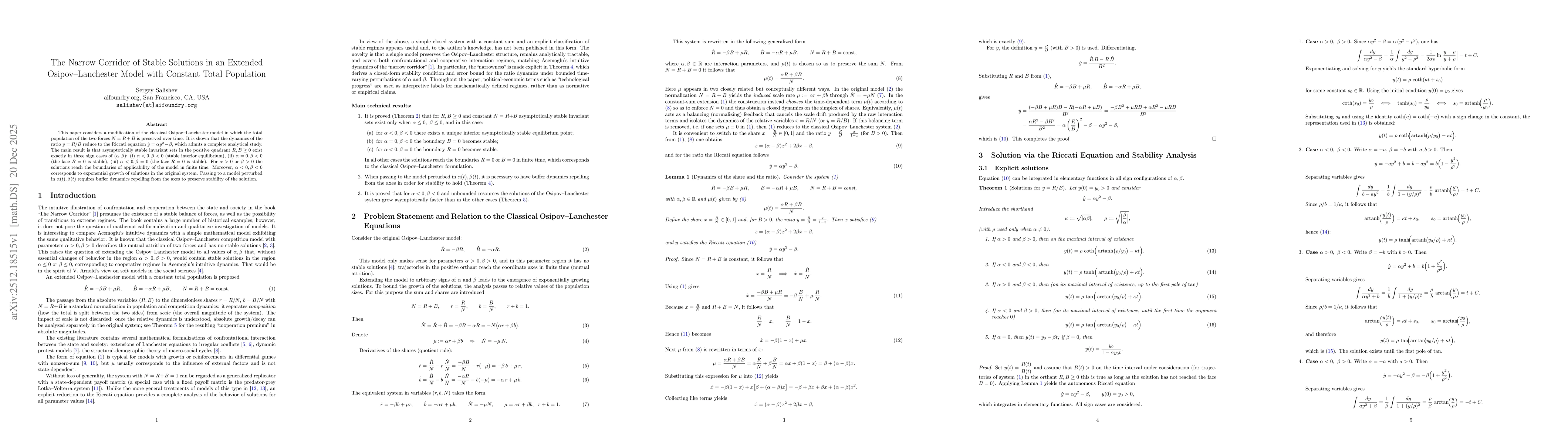 Thumbnail for The Narrow Corridor of Stable Solutions in an Extended Osipov--Lanchester Model with Constant Total Population