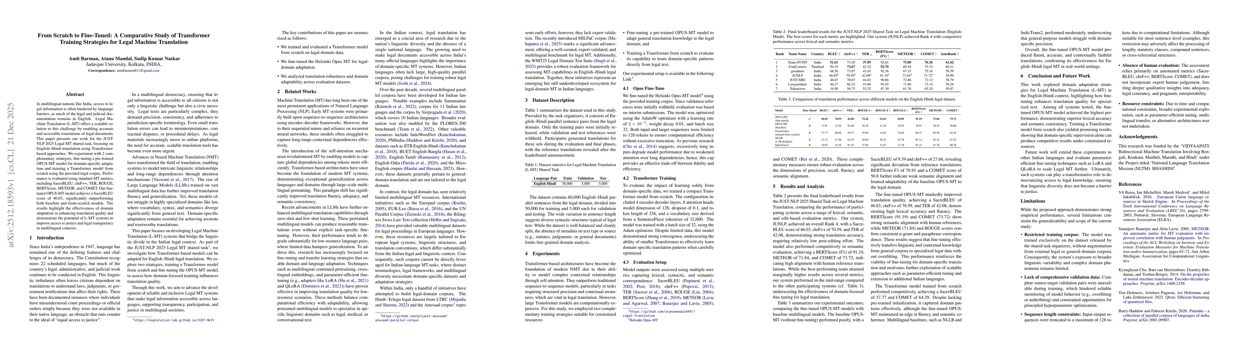 Thumbnail for From Scratch to Fine-Tuned: A Comparative Study of Transformer Training Strategies for Legal Machine Translation