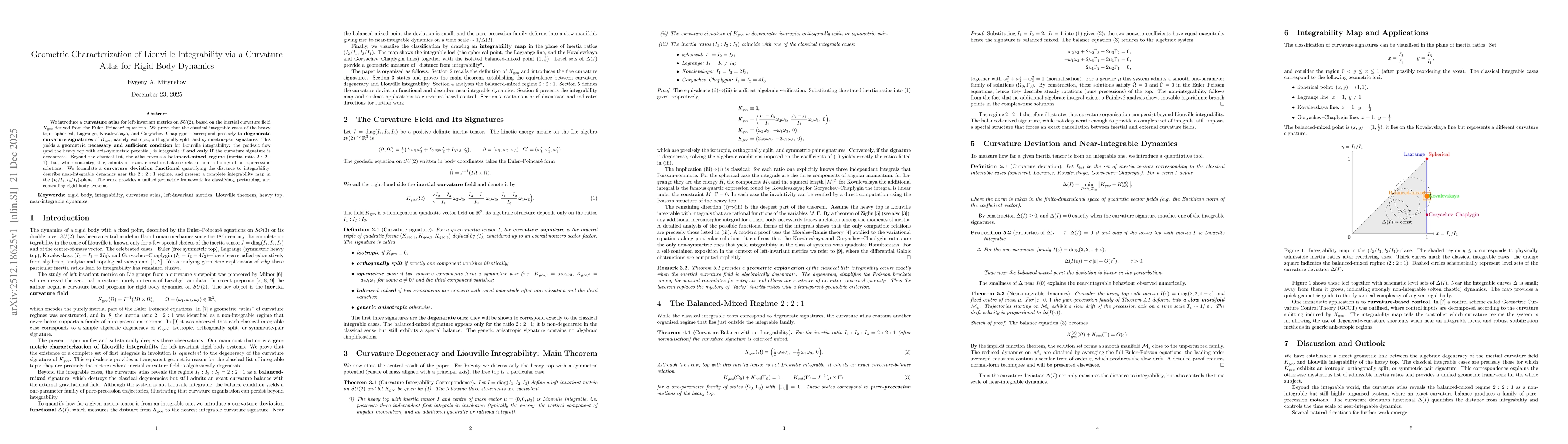 Thumbnail for Geometric Characterization of Liouville Integrability via a Curvature Atlas for Rigid-Body Dynamics