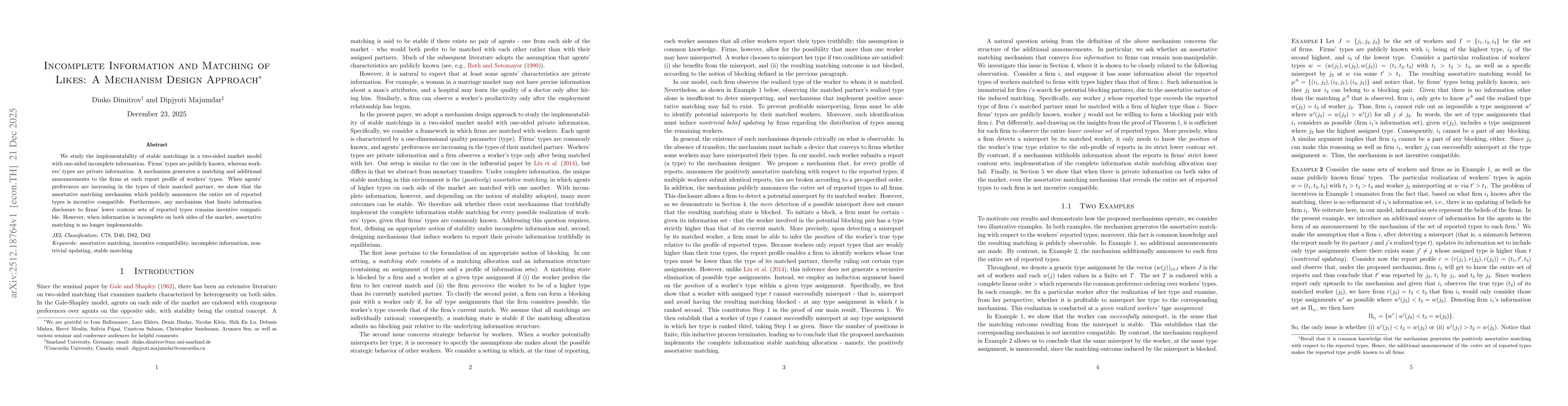 Thumbnail for Incomplete Information and Matching of Likes: A Mechanism Design Approach