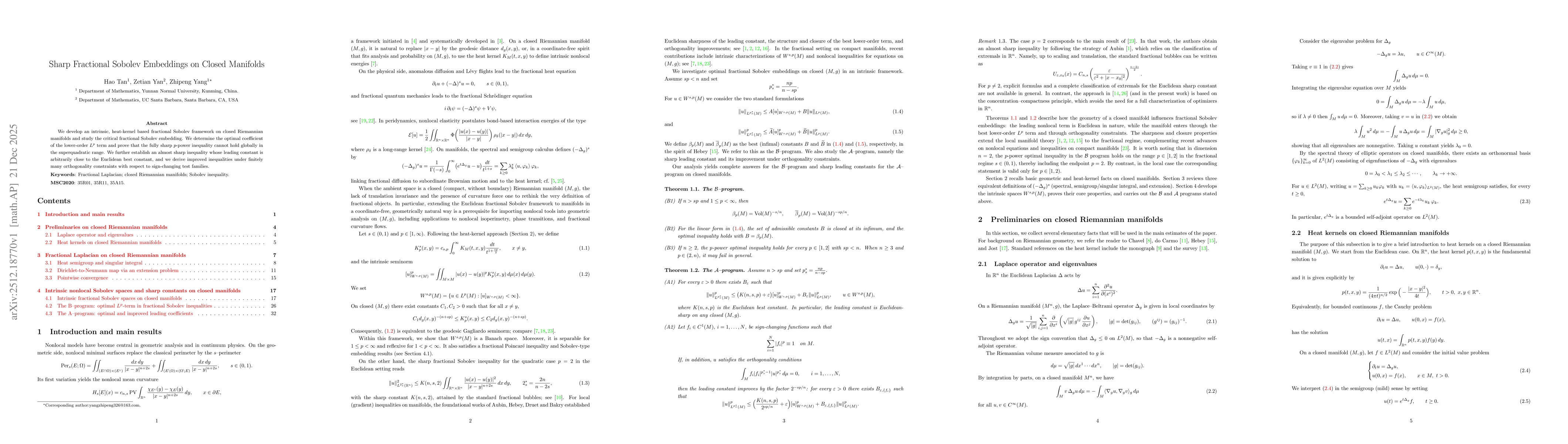 Thumbnail for Sharp Fractional Sobolev Embeddings on Closed Manifolds