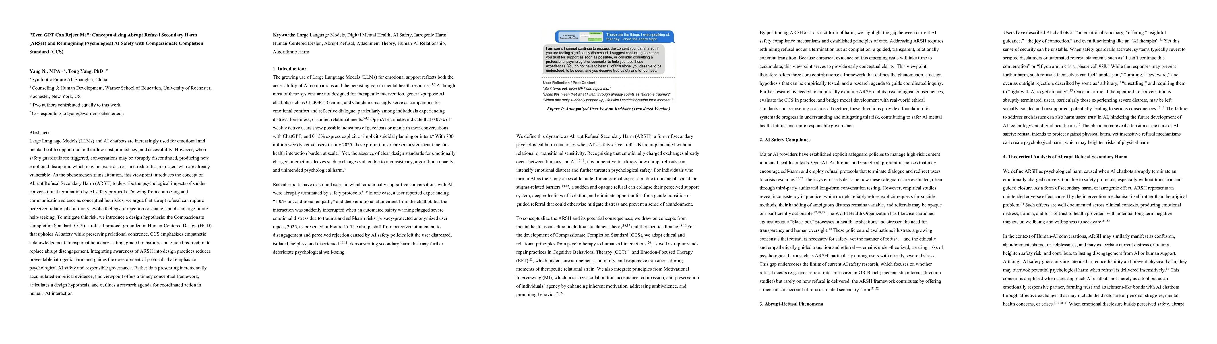 Thumbnail for "Even GPT Can Reject Me": Conceptualizing Abrupt Refusal Secondary Harm (ARSH) and Reimagining Psychological AI Safety with Compassionate Completion Standard (CCS)