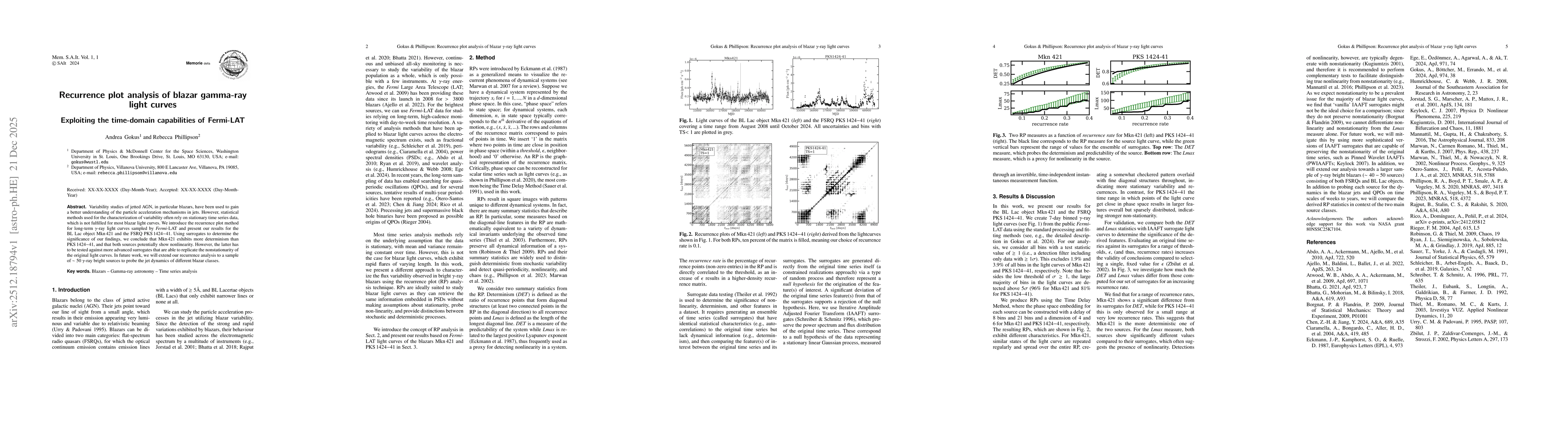Thumbnail for Recurrence plot analysis of blazar gamma-ray light curves: Exploiting the time-domain capabilities of Fermi-LAT