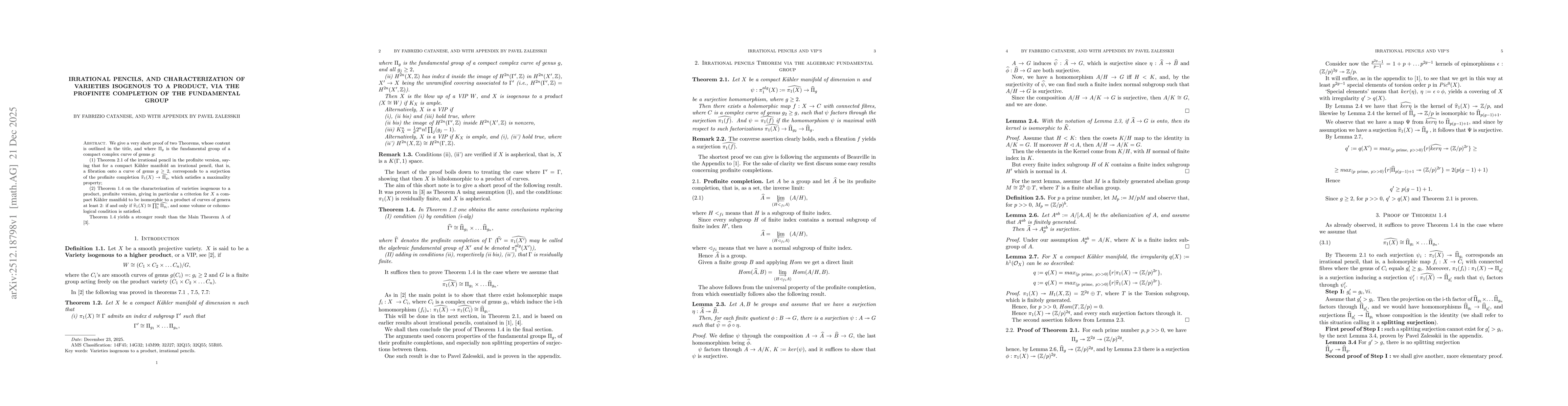 Thumbnail for Irrational pencils, and characterization of Varieties isogenous to a product, via the Profinite completion of the Fundamental group