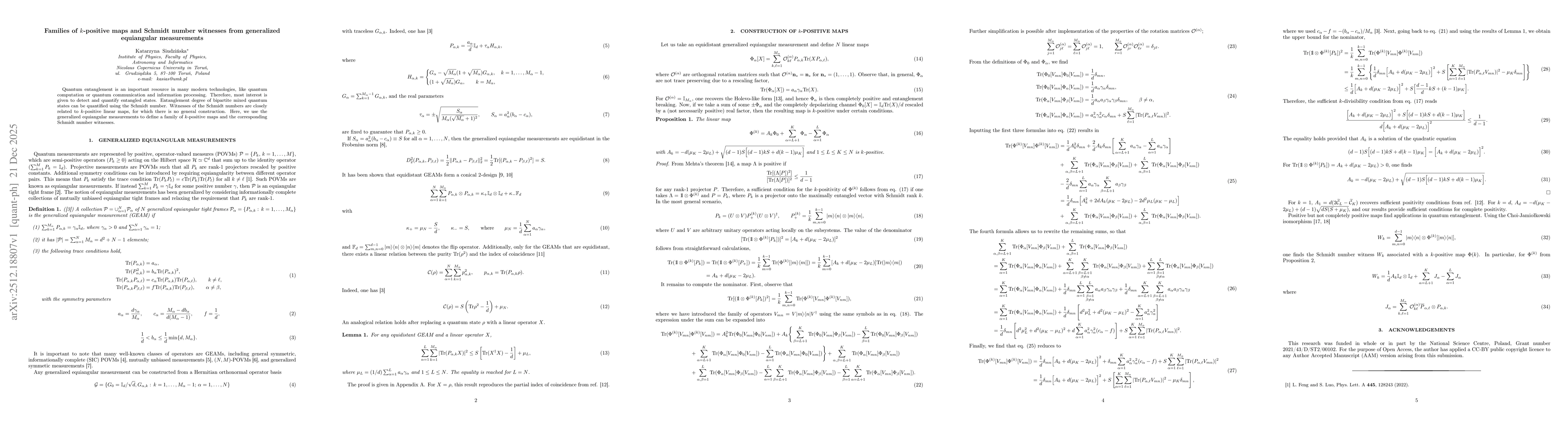 Thumbnail for Families of $k$-positive maps and Schmidt number witnesses from generalized equiangular measurements