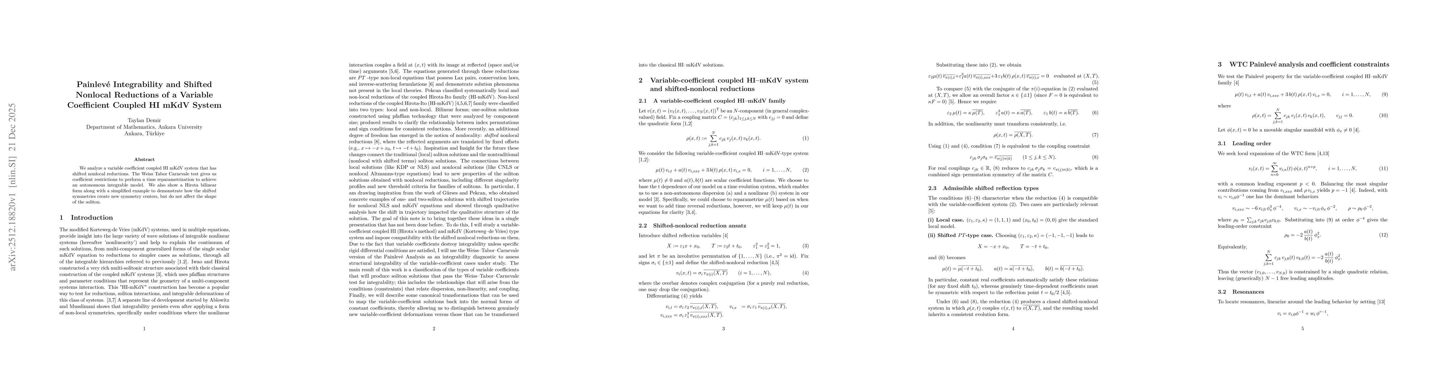 Thumbnail for Painlevé Integrability And Shifted Nonlocal Reductions Of A Variable Coefficient Coupled HI Mkdv System