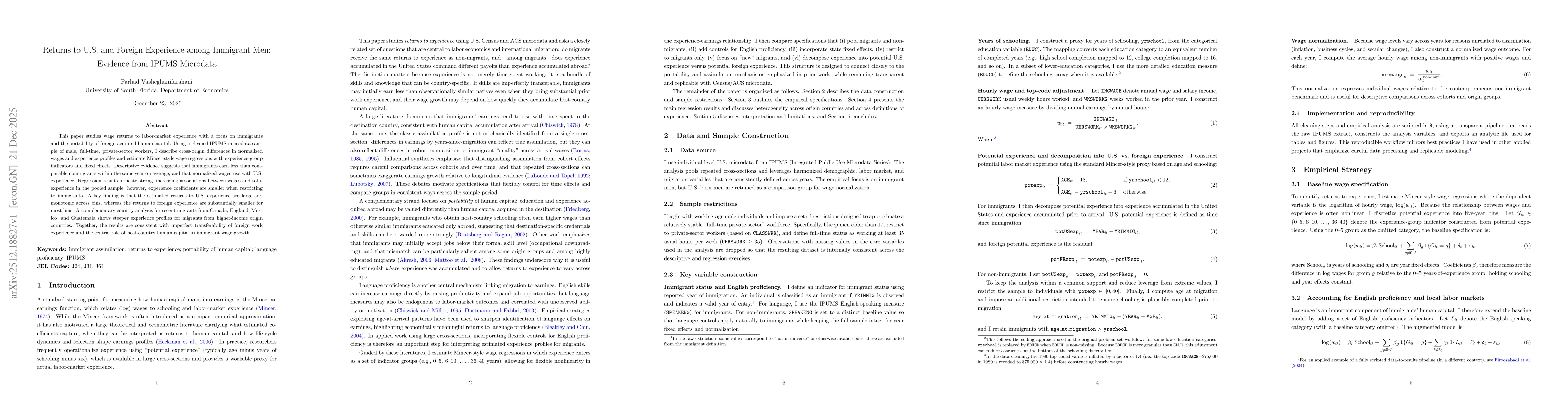 Thumbnail for Returns to U.S. and Foreign Experience among Immigrant Men: Evidence from IPUMS Microdata
