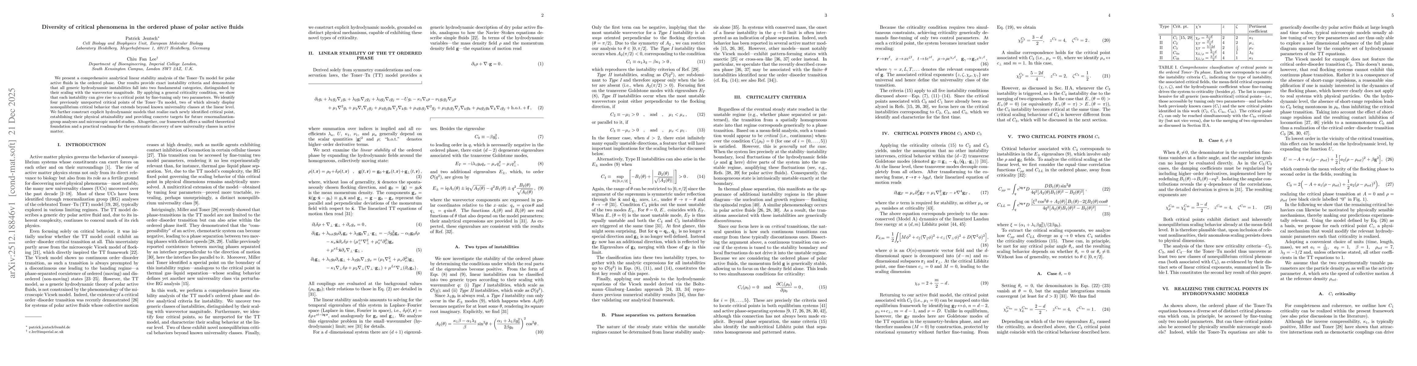Thumbnail for Diversity of critical phenomena in the ordered phase of polar active fluids
