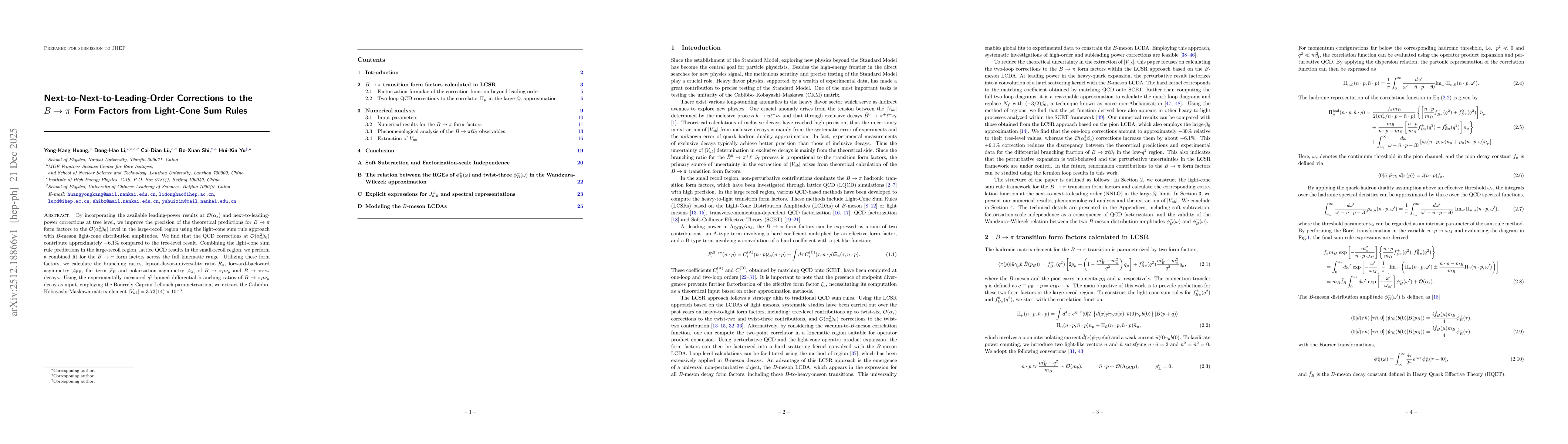 Thumbnail for Next-to-Next-to-Leading-Order Corrections to the $B \to π$ Form Factors from Light-Cone Sum Rules